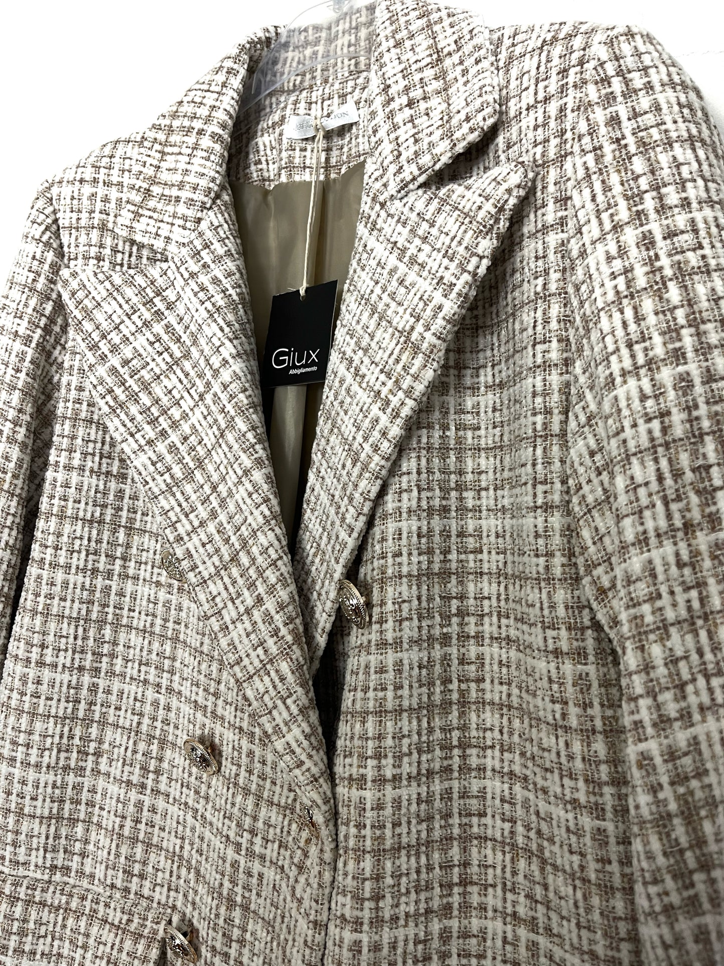 Blazer doppiopetto elegante, boucle di ciniglia, foderato con spalline