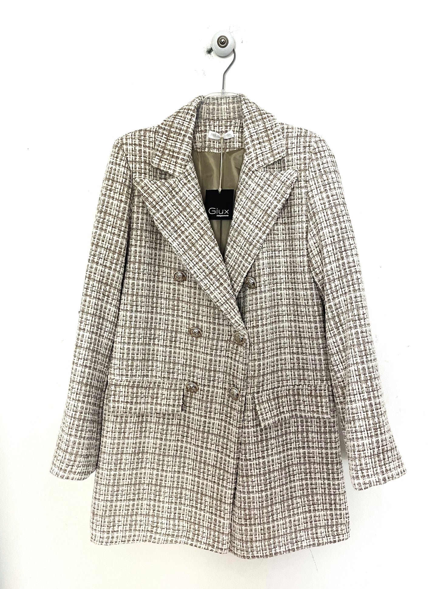 Blazer doppiopetto elegante, boucle di ciniglia, foderato con spalline