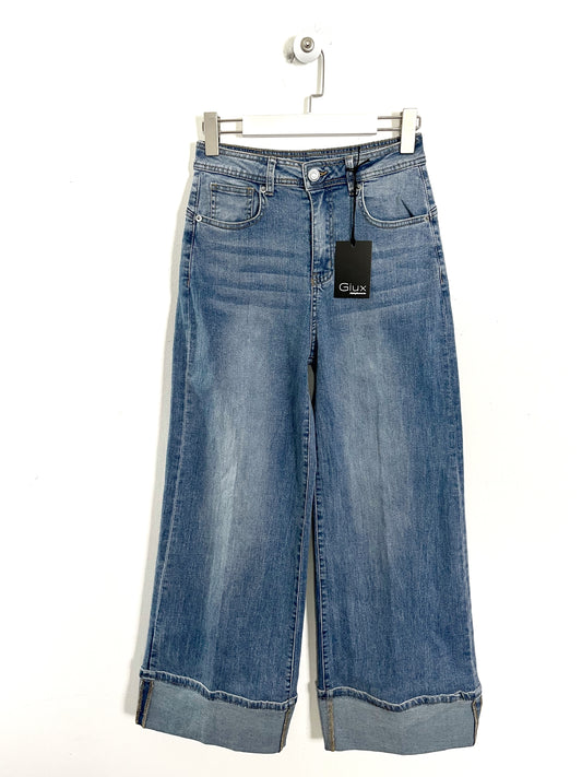 Jeans Wide leg, gamba larga a palazzo con finto risvolto