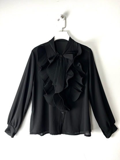 Camicia in georgette con volant e fiocco tinta unita