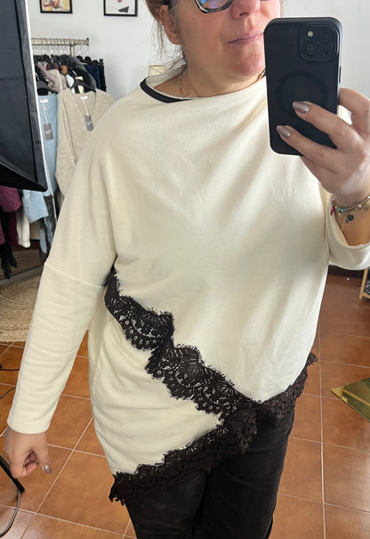 Felpa in cotone asimmetrica con pizzo ⚫️
