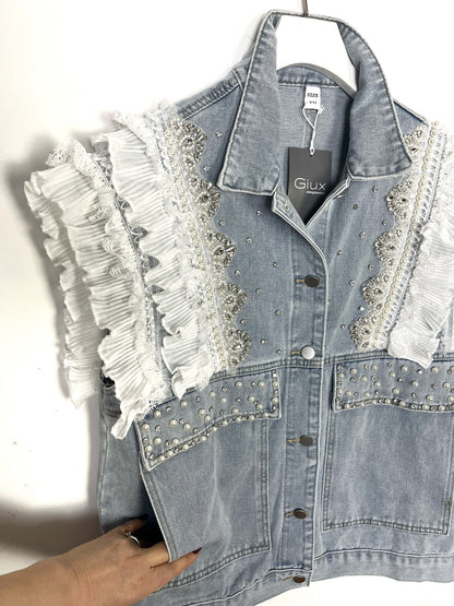 Gilet denim Ricami e Strass ⚫️